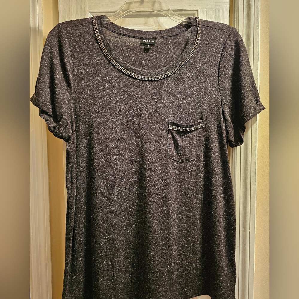 Torrid Charcoal Short Sleeve Tee with Rhinestone Neckline